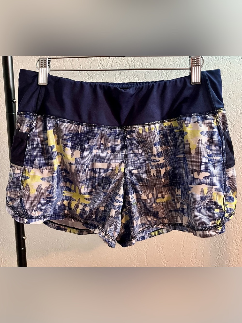 Athleta Navy Waistband Blue, Yellow & Cream Abstract Athletic Shorts